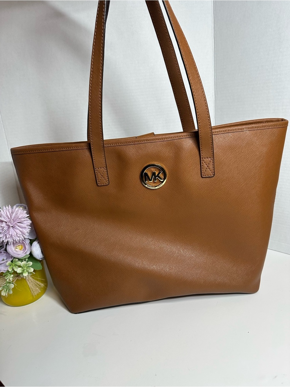 Michael Kors Cognac Leather Tote with Gold MK Emblem